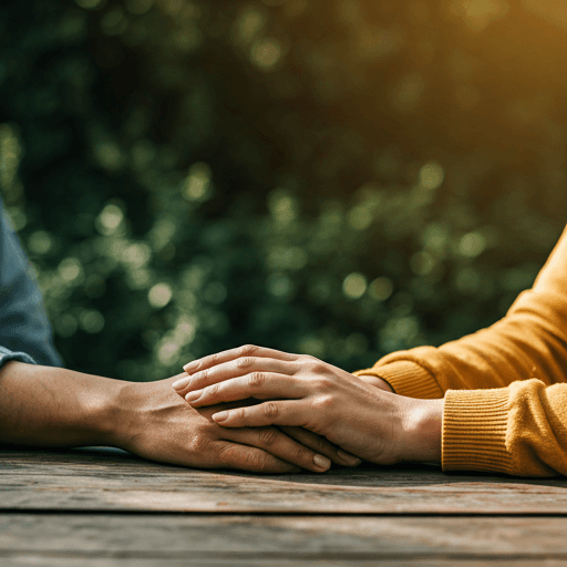 Two people sitting together in a sunlit garden, hands resting on a rustic wooden table